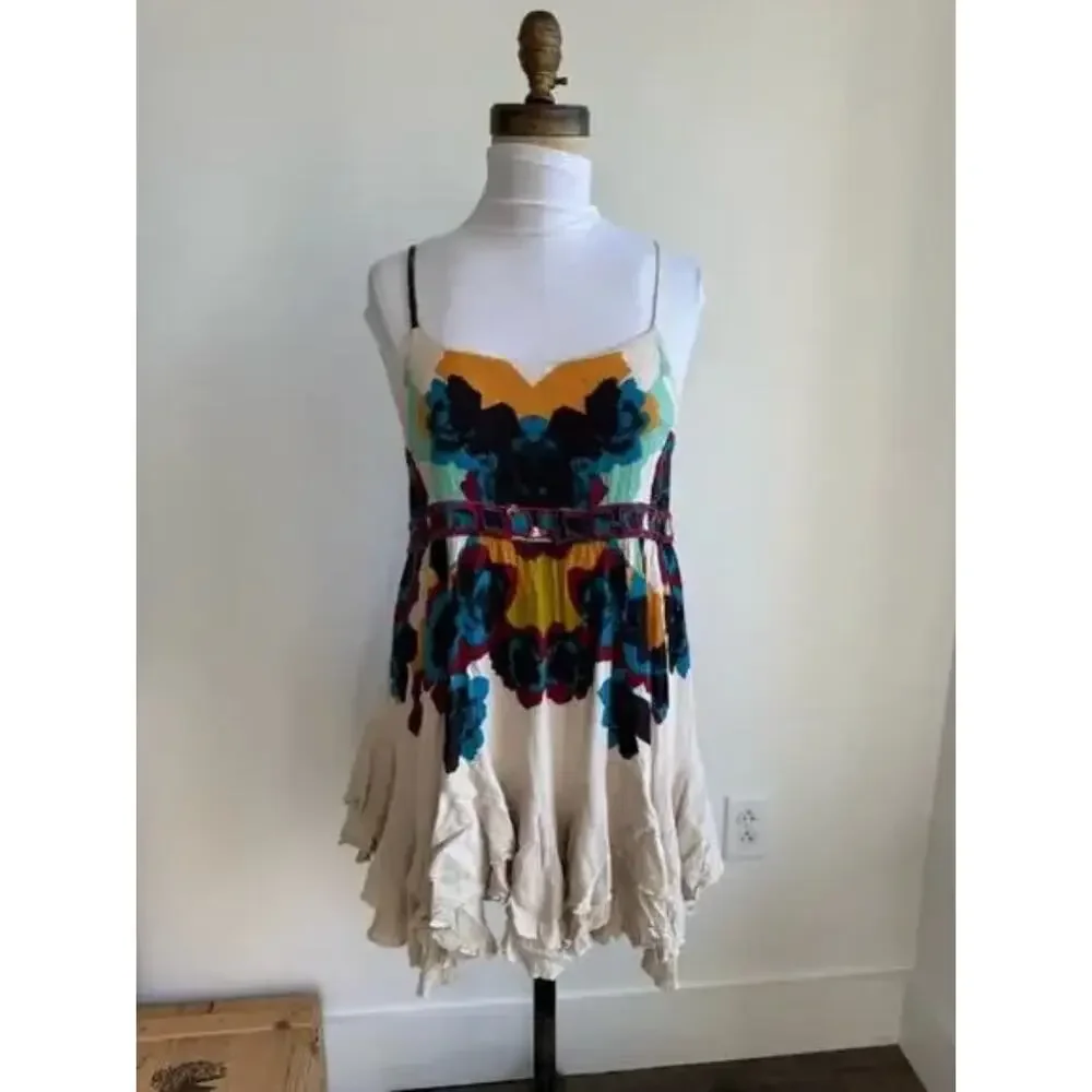Free People Women's Sweet Lucy Slip Sun Dress Embroidered Tasseled Size XS Multi